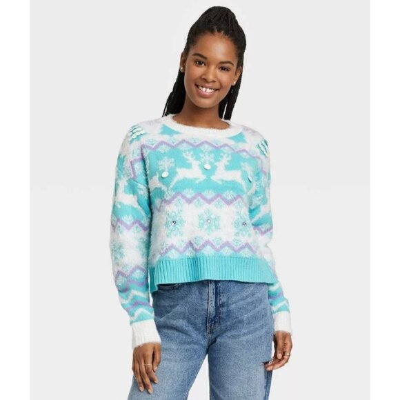 33 Degrees Sweaters - 33 Degrees Women's Reindeer Graphic Sweater Blue Size XXL